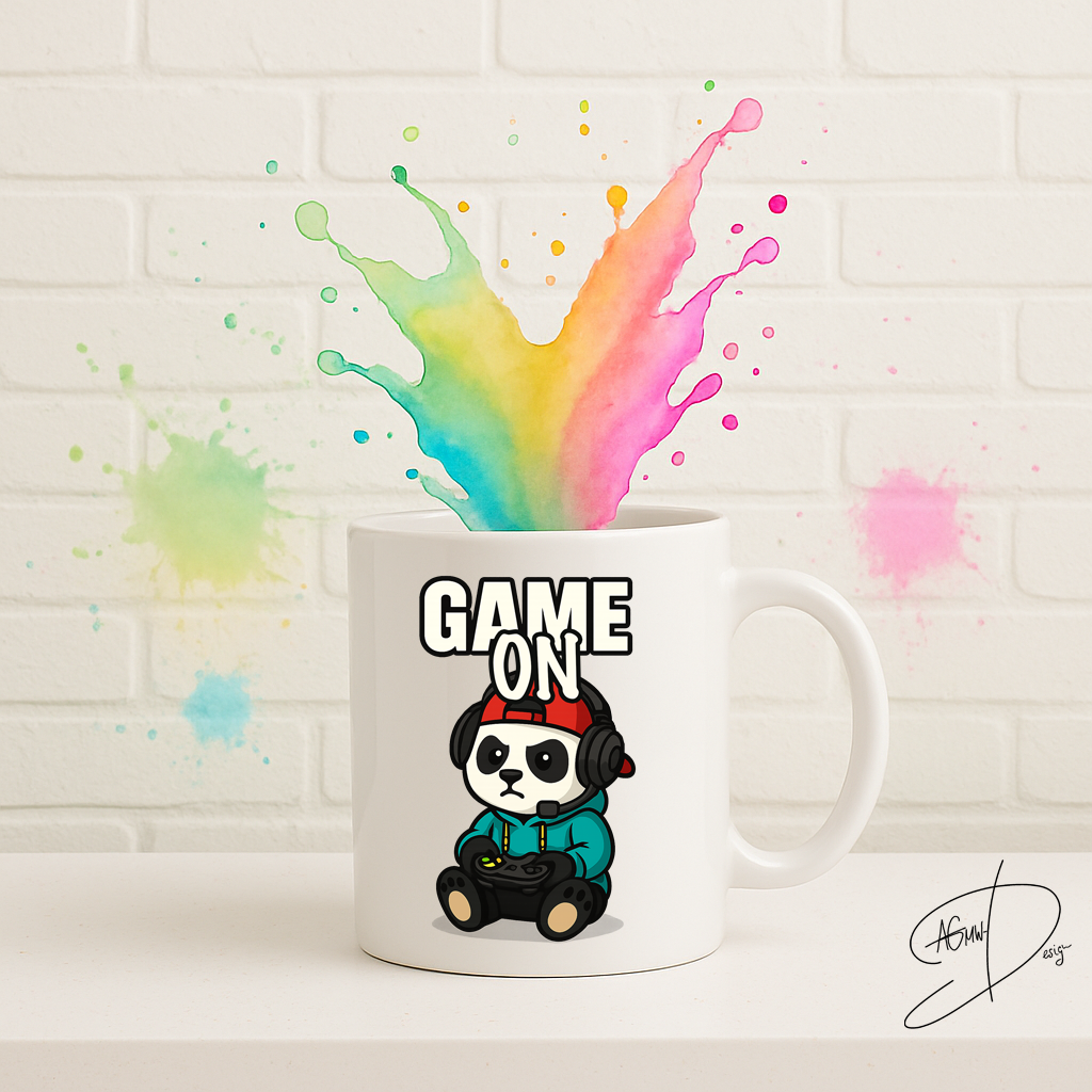 Hochwertige Keramiktasse "GameON"-Panda-Motiv